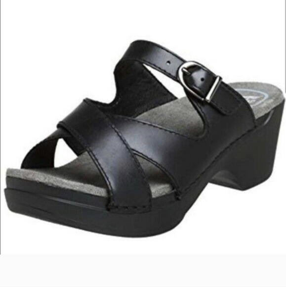 Dansko Sela Slides Mules Leather Criss Cross Sandals Silver Buckle Black size 37 - Picture 1 of 13
